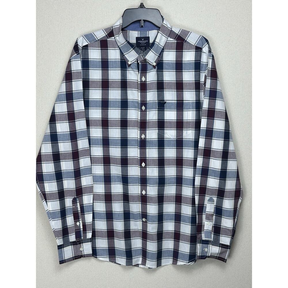 American Eagle Outfitters Men’s Sz XL Plaid Blue Burgundy Button Down Shirt